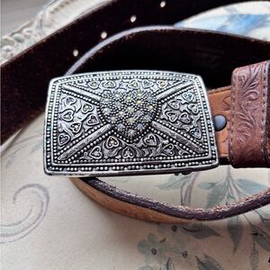 Silver Heart Buckle Brown Leather Belt